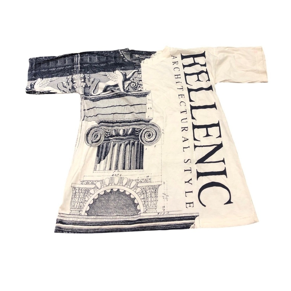 Vintage Hellenic Architectural Style T Shirt Mens S White Blue Greek Column Aop